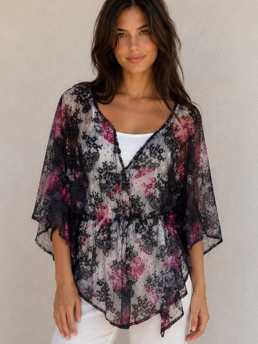 Free People Chrissy Boho Floral Lace Sheer Purple Short Kaftan Y2K style Top M